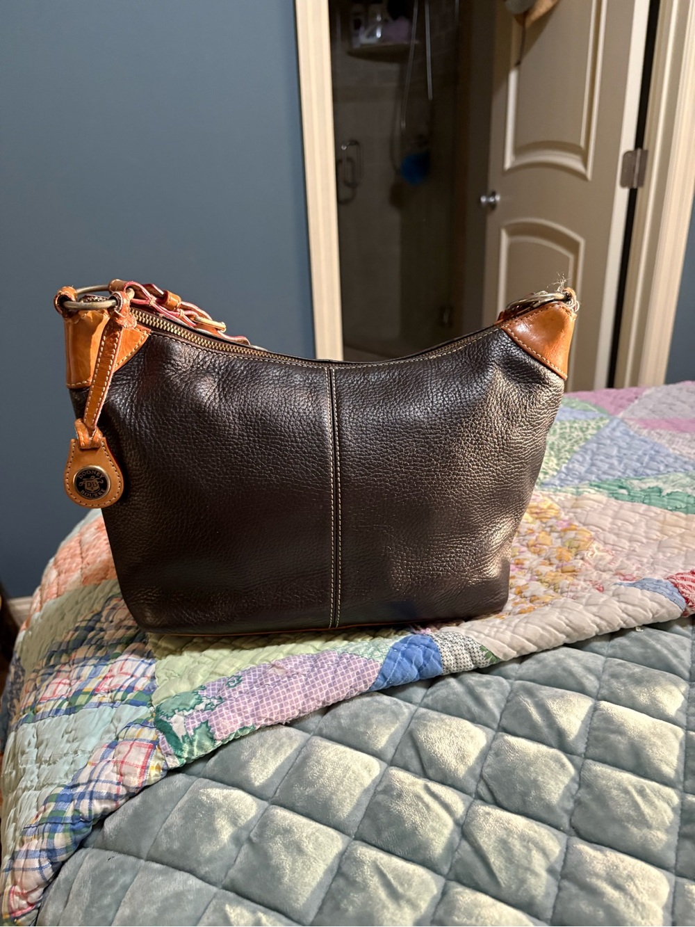 Dooney & Bourke Dark Brown Leather Cosmetic Pouch with Tan Trim